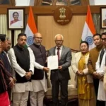 Manipur CM Biren Singh hands over his resignation to governor Ajay Kumar Bhalla at the Raj Bhavan on Sunday