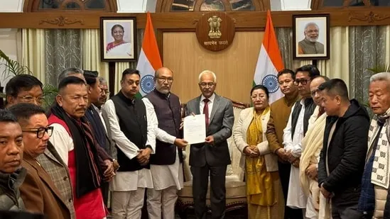 Manipur CM Biren Singh hands over his resignation to governor Ajay Kumar Bhalla at the Raj Bhavan on Sunday